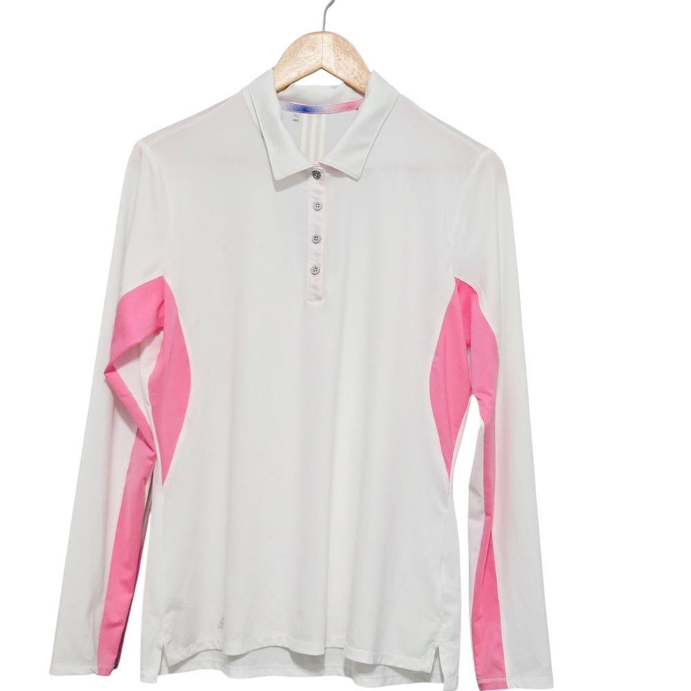 Adidas Women's Activewear White and Pink Long Sleeve Polo Shirt Medium